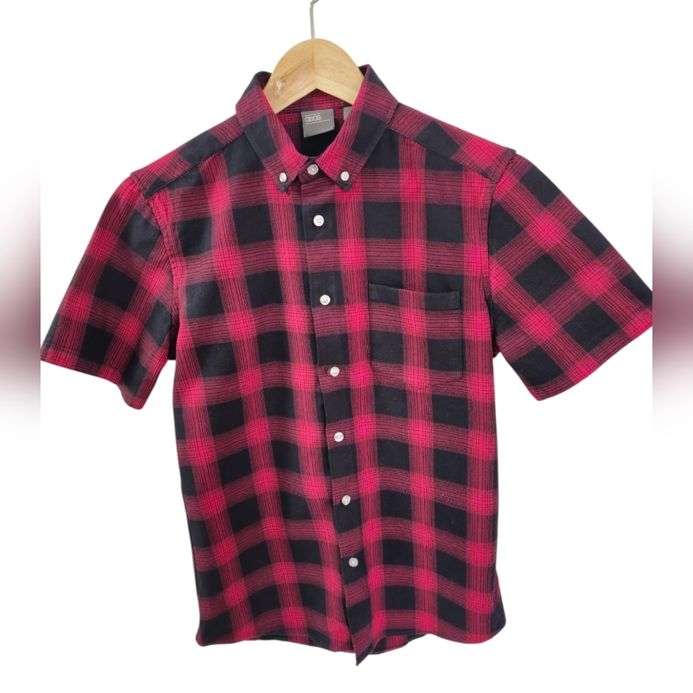 ASOS Men's Short Sleeve Shirt Pocket Red Black Plaid Size Small